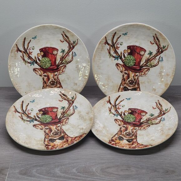 Pier 1 Reindeer Ironstone Luncheon Plate Steampunk Red Top Had Set Of 4 - Picture 3 of 4